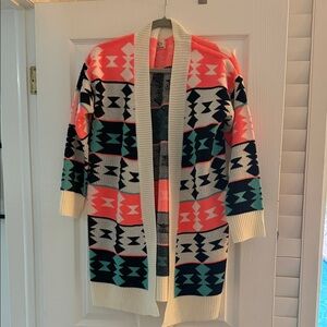 Cocolove Coral and Teal Geometric Cardigan